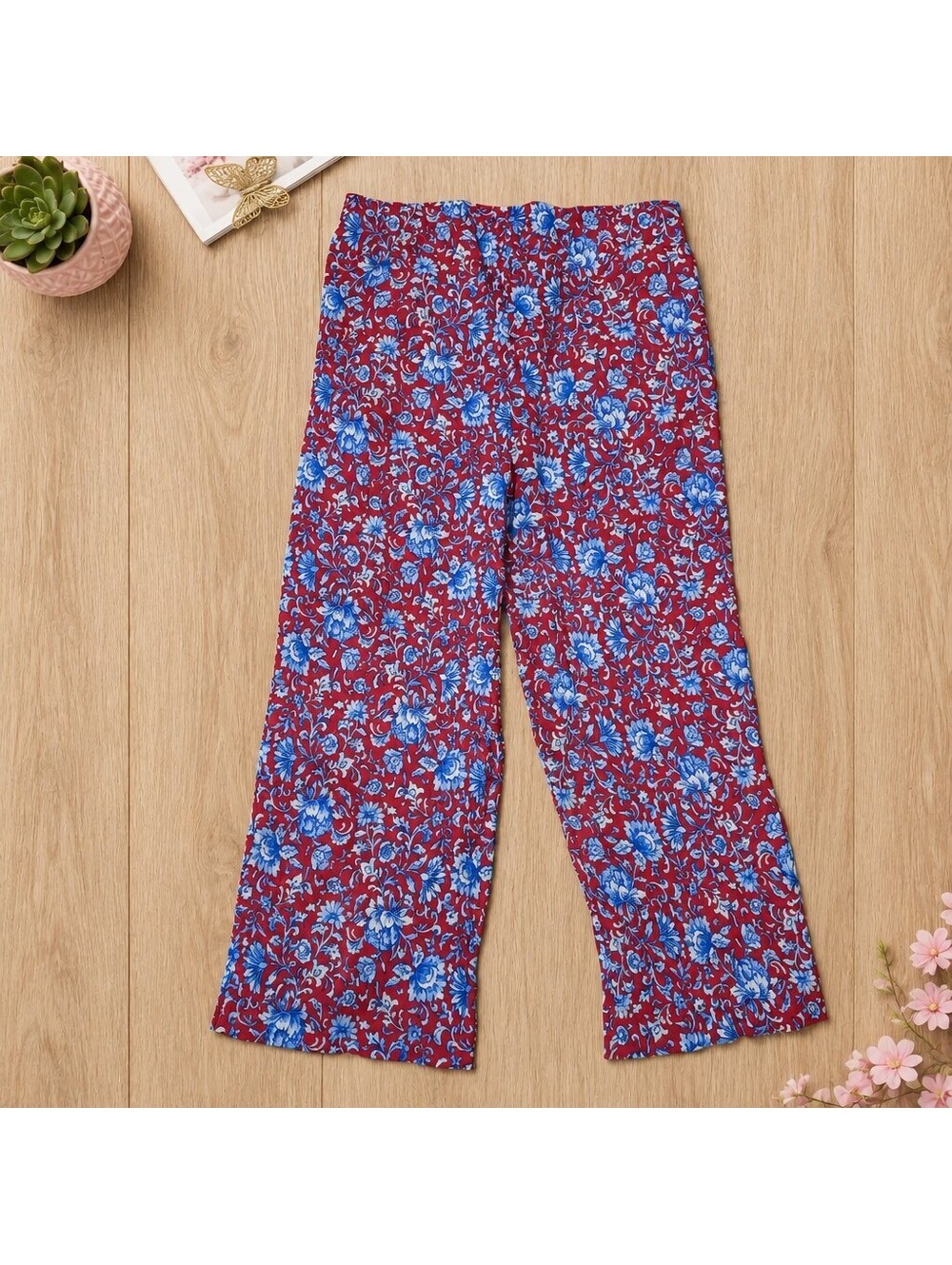 Women's Floral Pattern Wide Leg Pants in Burgundy and Blue